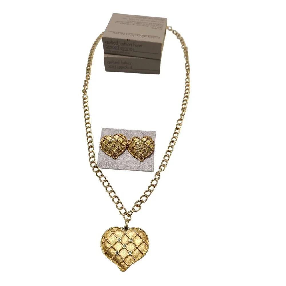 Avon 1987 Clear Rhinestone Quilted Fashion Heart Necklace 28" Earring Set